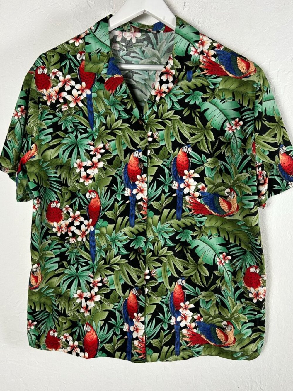 Hilo Hattie Womens Hawaiian Tropical Parrot Print Button-Down Shirt Large Green